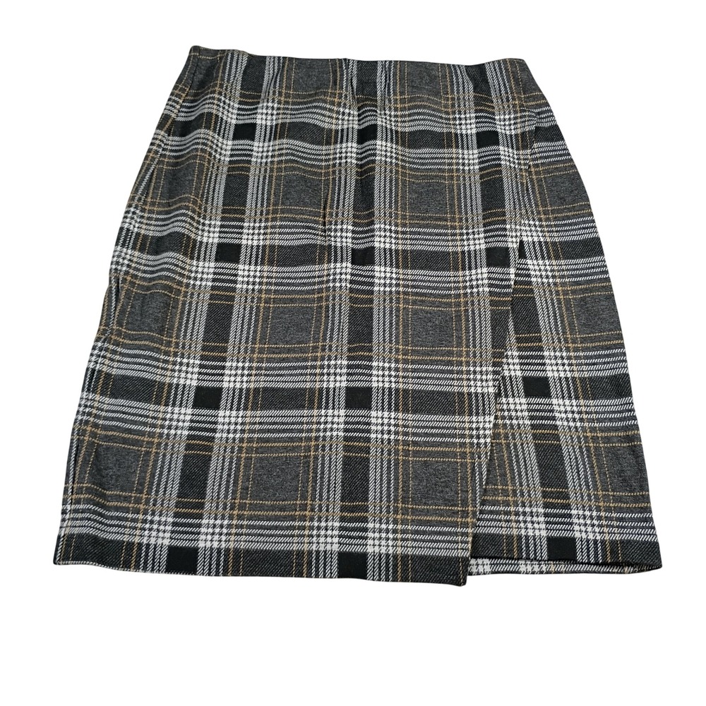 J. Jill Ponte Pencil Skirt Womens XL Gray Plaid Front Slit Stretch